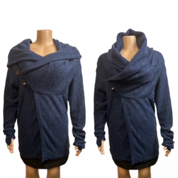 Sacred Threads Cardigan Sweater Plush Blue Coatigan Draped Thumb holes size M - Picture 3 of 12